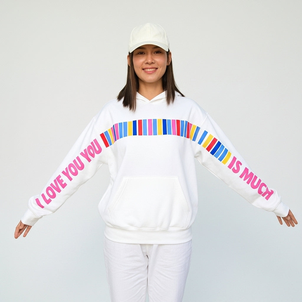 I Love You This Much Colorful White Hoodie – Unisex Fit, Cozy Fleece Oversized Fit Hoodie | Free Shipping